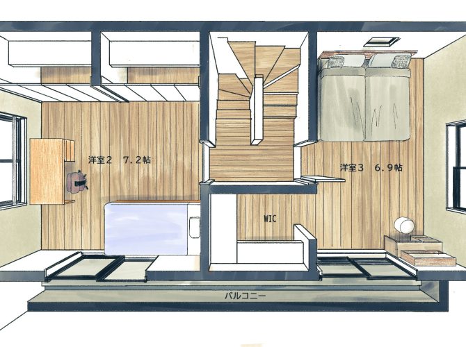 ■3階■西側洋室は7.2帖。約２帖のクローゼット。奥行き約90センチのたっぷり収納■東側洋室は6.9帖。3面採光のお部屋でWIC付■どちらのお部屋からもバルコニーに出られます■バルコニーに壁水栓有