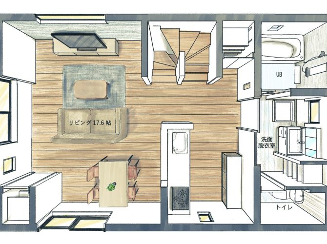 ■2階■リビング17.6帖■水廻りは2階に集約し家事導線を短縮■リビングに扉付き収納有■洗面所入口にも扉付き収納（可動棚5段を配置）日用品ストックにお勧め。洗面所にホスクリーン設置。室内干しに◎